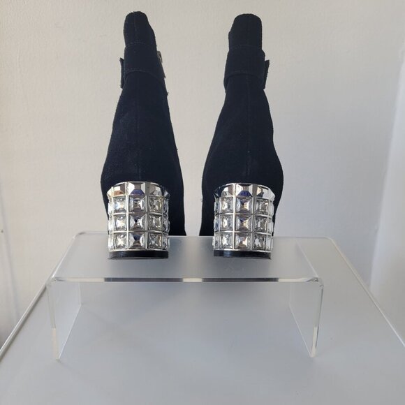 Joan Boyce Black Suede Ankle Boots 6M – Rhinestone Heel & Buckle Glam / Size:6M - Picture 3 of 11